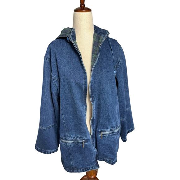 Vintage NorthStyle Denim Chore Jacket Hooded Plaid Flannel Lined Zip Up XL Women - Picture 6 of 9
